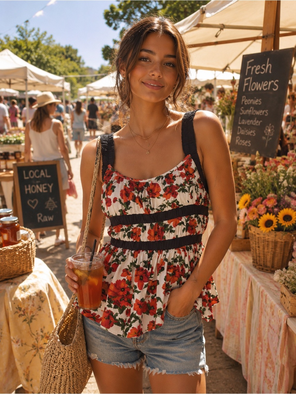 Maeve Anthropologie Floral Tank Top Stretchy Poppy Open Back Cottagecore Boho M - Picture 1 of 15